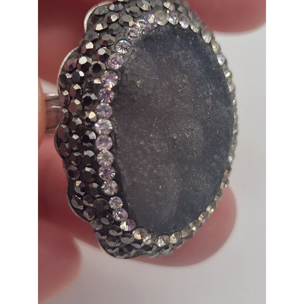 Vintage N-TR Sterling Silver Gray Druzy Quartz Crystal Marcasite Ring SZ 7 - Picture 8 of 11